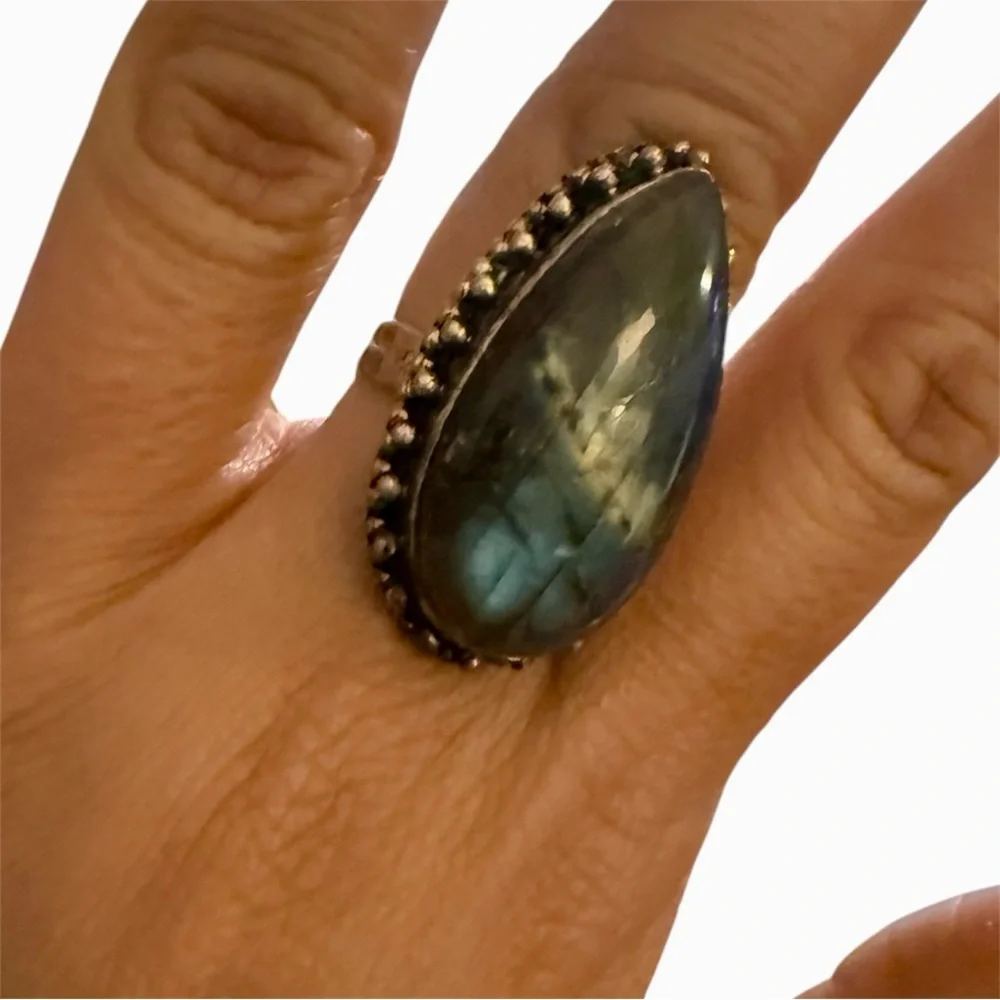 Fiery Labradorite Sterling Silver Ring,  Boho Southwestern Teardrop Style, Sz 6 - Picture 2 of 5